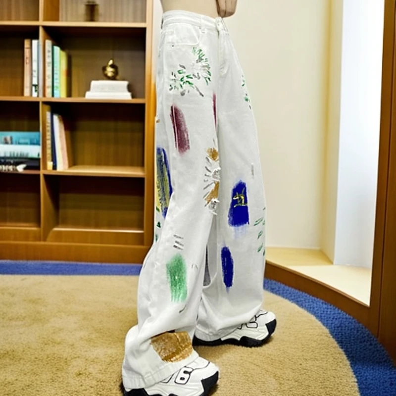 2025春季女装爆款复古百搭涂鸦印花破洞牛仔阔腿裤女洋气时髦长裤