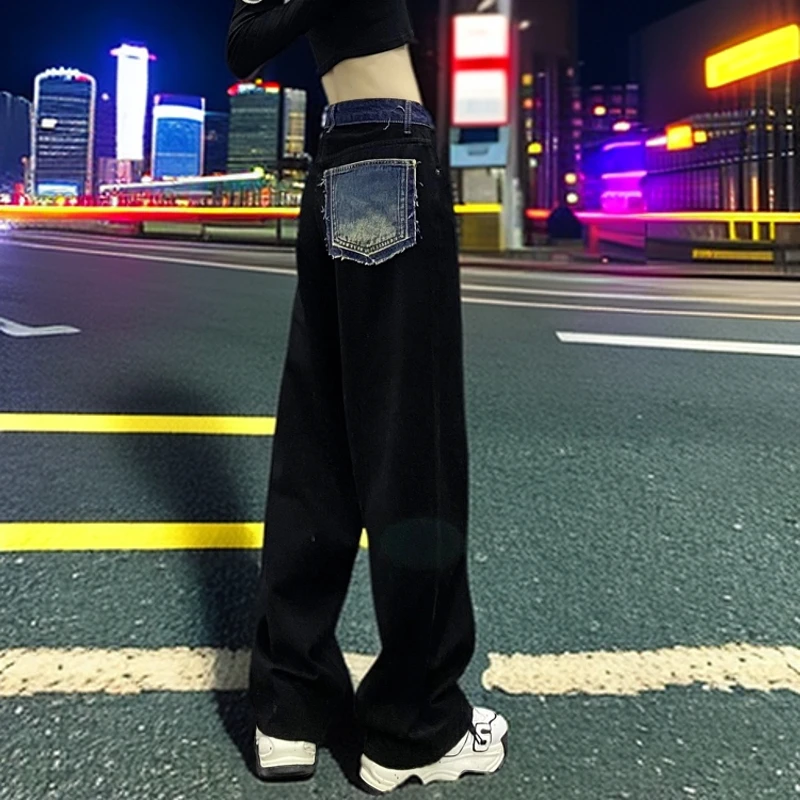 春季新款拼色口袋设计感休闲牛仔裤女高腰宽松垂感显瘦直筒阔腿裤