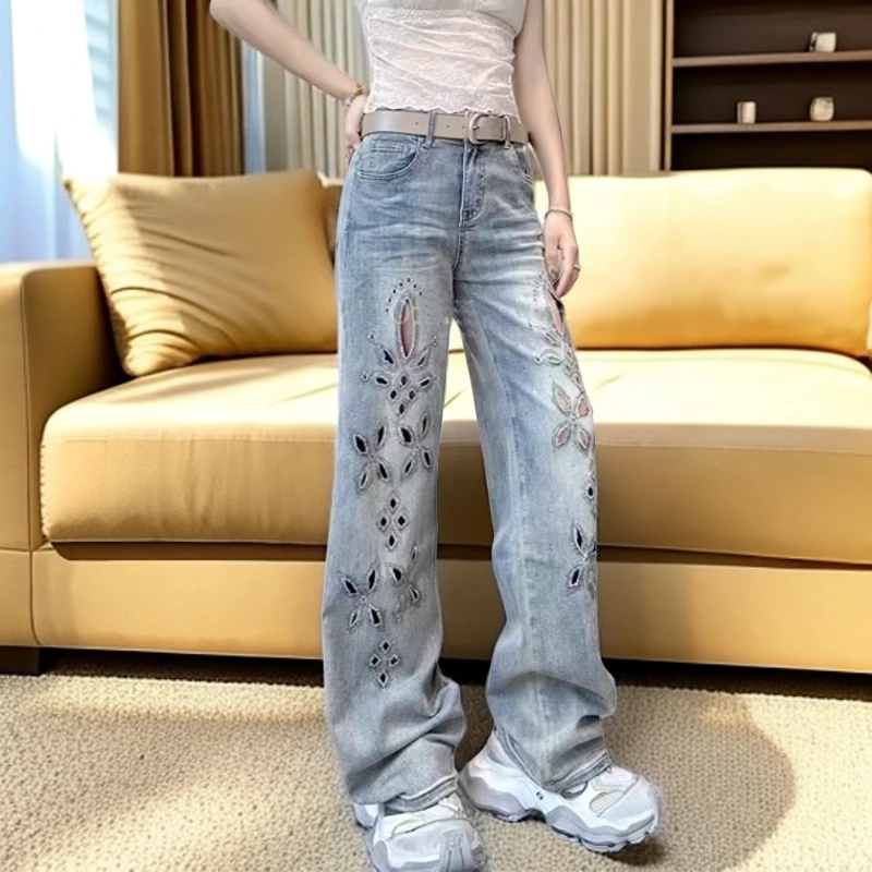 2025春季新款复古港味镂空烫钻高腰显瘦破洞水洗直筒阔腿牛仔裤女