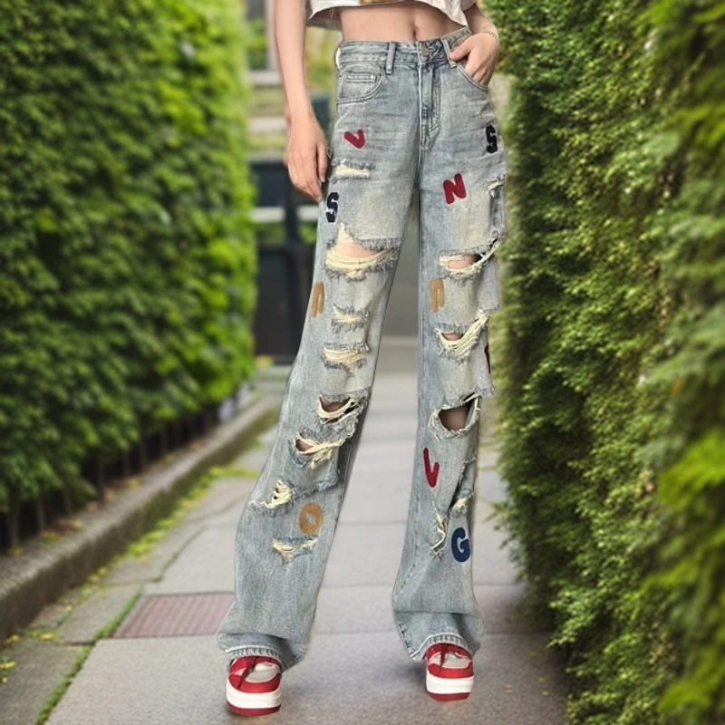 2025春夏新款高腰显瘦水洗做旧阔腿裤女士复古破洞字母刺绣牛仔裤