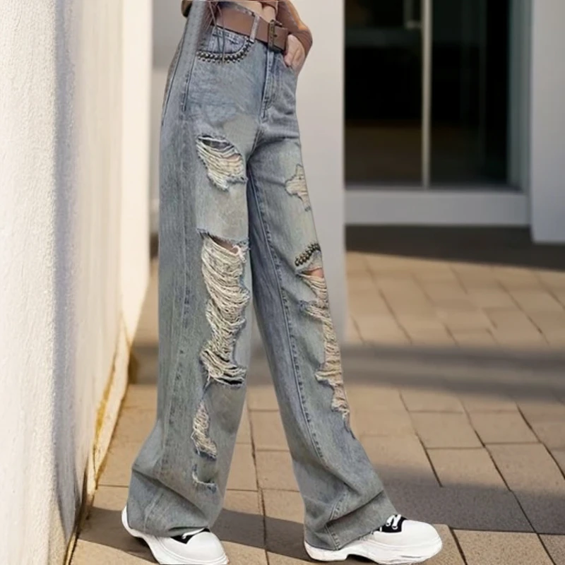 高腰显瘦破洞直筒牛仔裤女2025年流行春季女装时尚洋气阔脚拖地裤