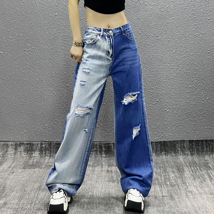 春秋新款美式复古个性拼色破洞牛仔裤女高腰显瘦宽松直筒阔腿长裤