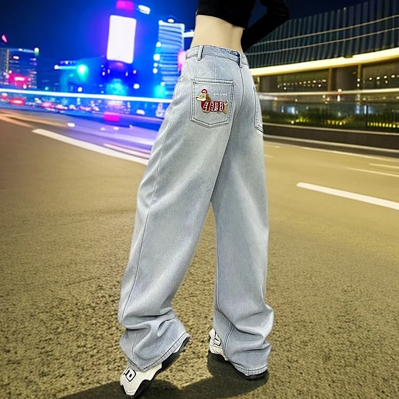 2025春季新款浅色水洗阔腿牛仔裤女设计感高腰宽松显瘦拖地直筒裤