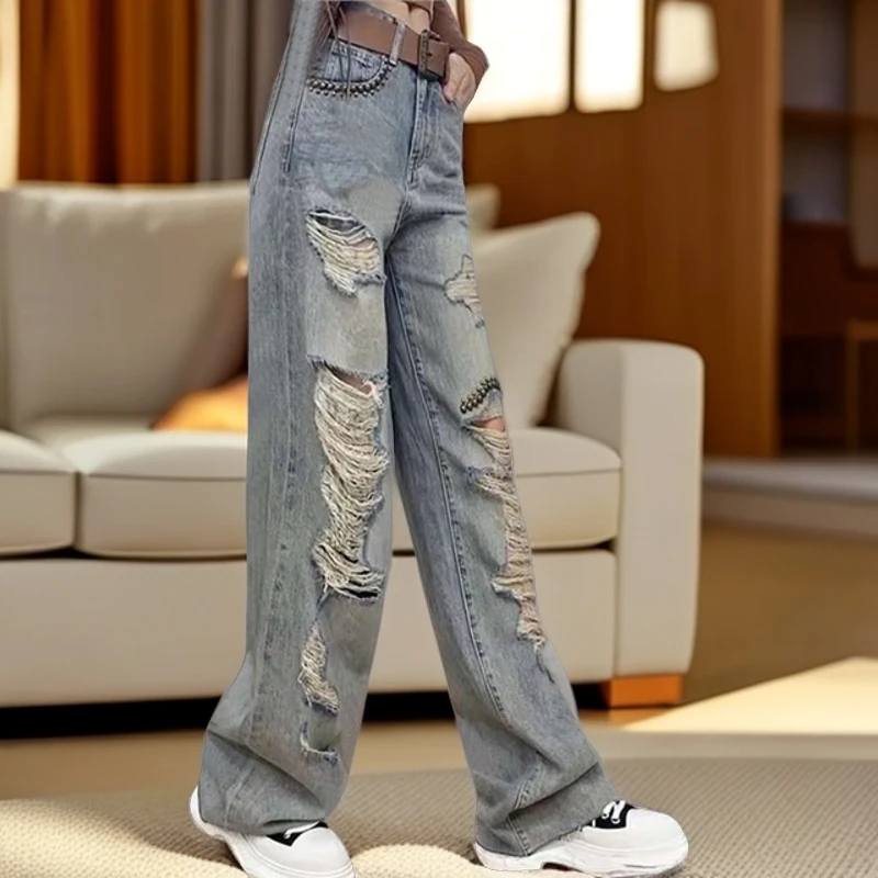 百搭水洗直筒阔脚拖地裤女2025年流行春秋女装时尚洋气破洞牛仔裤