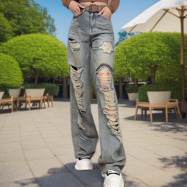 2025春季高腰显瘦直筒裤破洞牛仔裤女百搭乞丐破烂阔脚裤拖地裤