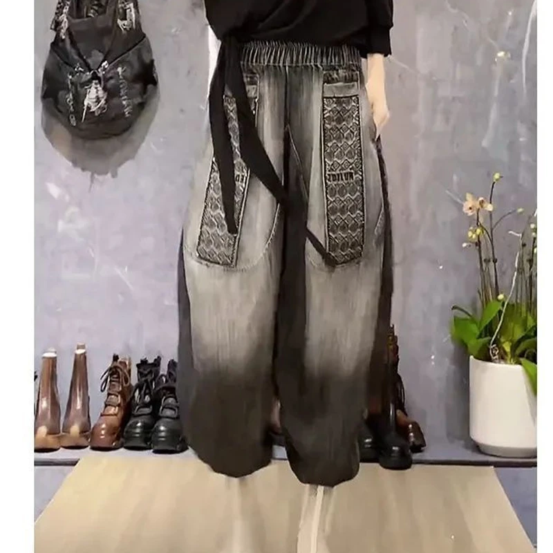 原创定制欧货春季时尚宽松大码个性潮牌老爹牛仔哈伦垮裤女九分裤