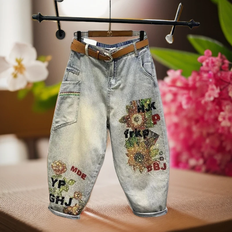 2025春夏新款复古松紧腰宽松显瘦哈伦牛仔裤女做旧水洗九分老爹裤