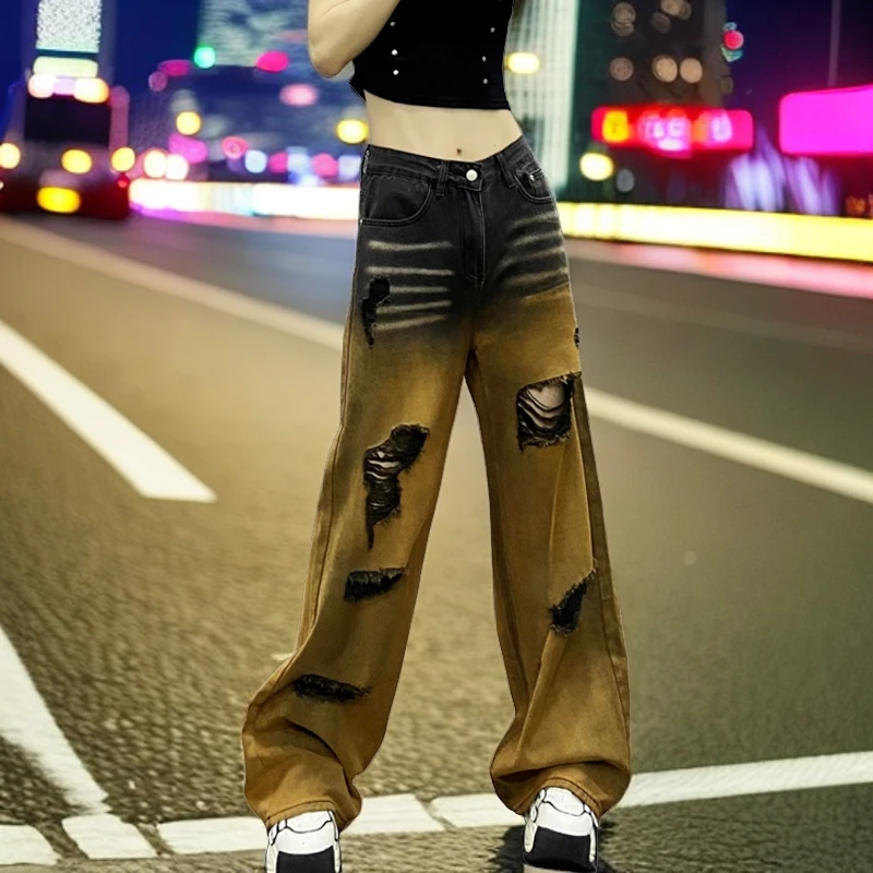 2025春夏新款个性渐变色破洞牛仔裤女高腰宽松显瘦百搭直筒阔腿裤
