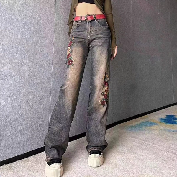 2025春秋新款高腰显瘦刺绣花朵牛仔裤女个性百搭直筒拖地阔脚长裤