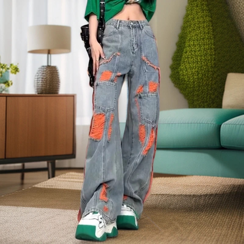 美式复古撞色破洞直筒裤女春季宽松休闲显瘦街头百搭阔腿牛仔裤潮