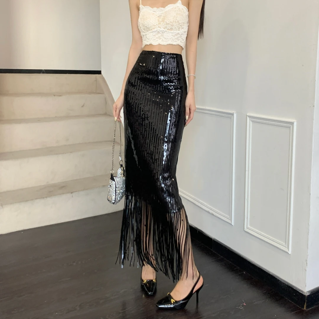 原创定制2025春季新款弹力高腰显瘦半身裙女小香风黑色亮片流苏裙
