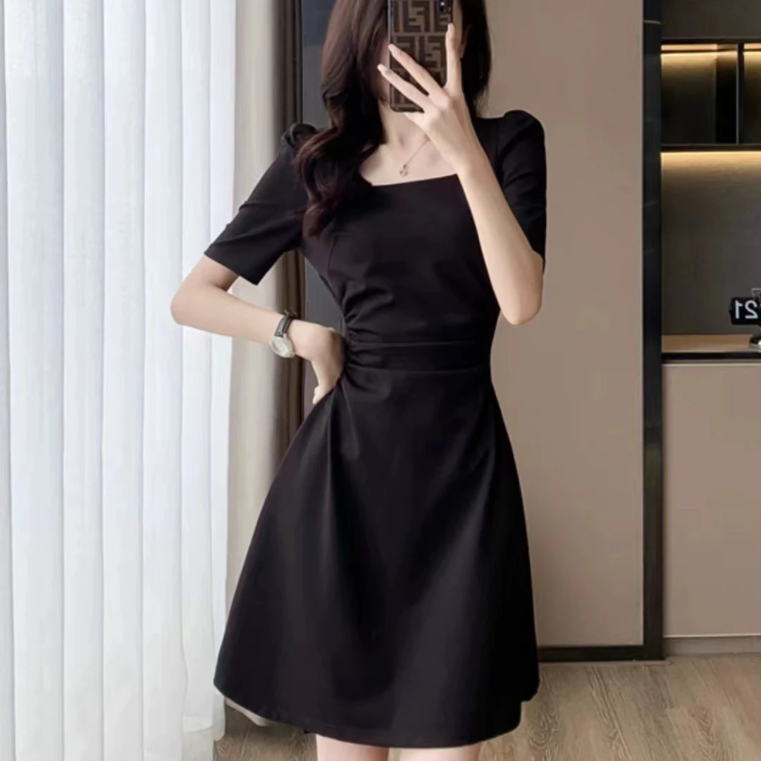 新款时尚弹力显瘦气质收腰方领连衣裙918