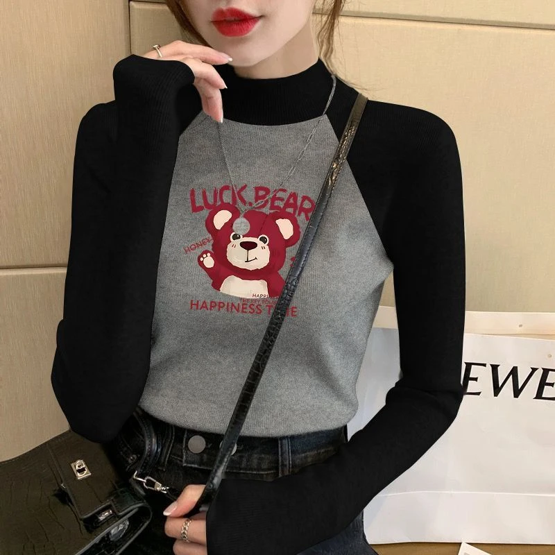 半高领韩版新款德绒打底衫秋冬灰色正肩修身显瘦插肩长袖T恤上衣