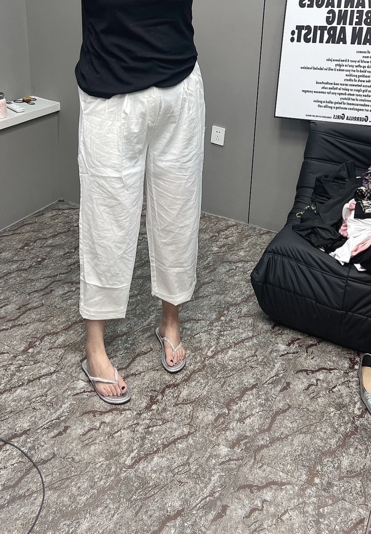 岩岩家夏季水洗麻黑白阔腿女裤显瘦