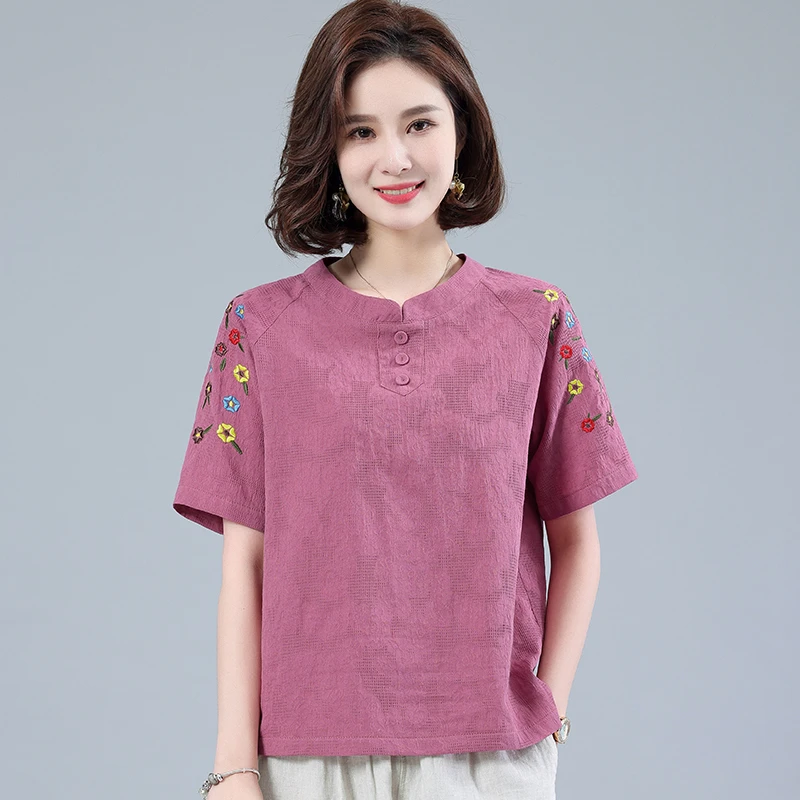 年轻妈妈夏装宽松百搭洋气绣花T恤女8382