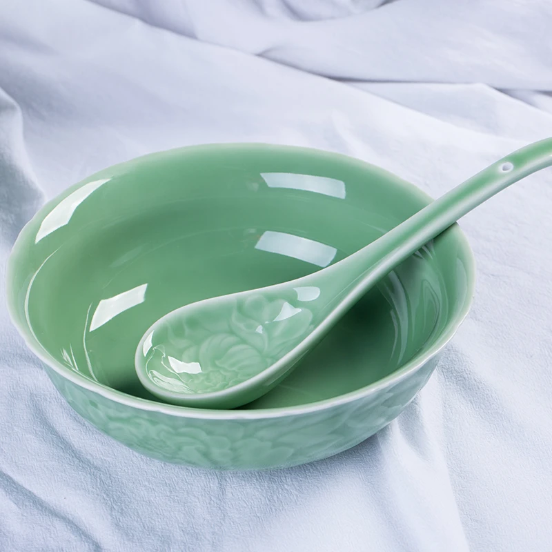 龙泉牡丹大汤碗大汤勺梅子青碗家用青瓷素面汤碗大号简约中式