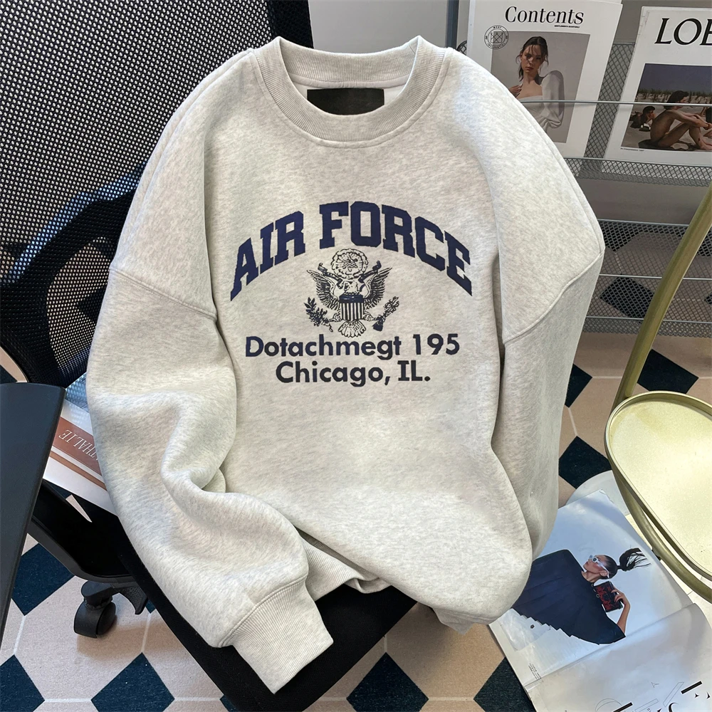 设计感宽松外套超火时尚加绒加厚圆领卫衣2024秋冬季新款情侣上衣