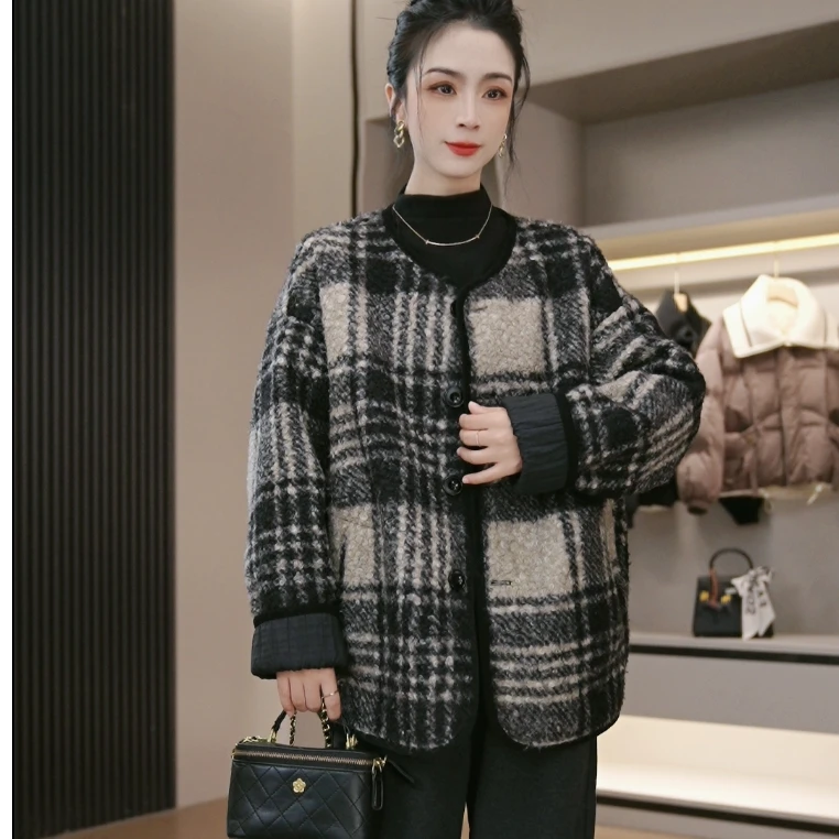 两面穿 经典格纹小香风拼色加厚外套圈圈毛呢大衣2024秋冬新款