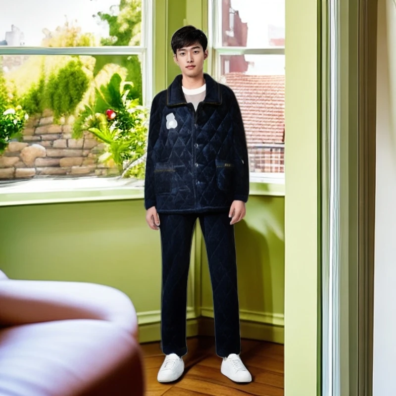 男士冬季加厚加绒保暖家居套装冬款，厂家直销套装睡衣男款时尚