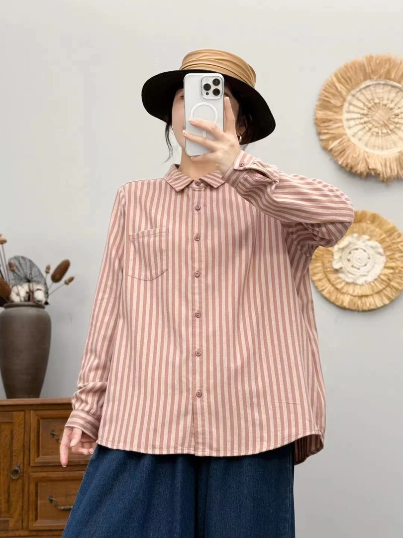 早春新款文艺色织磨毛条纹休闲百搭舒适衬衣