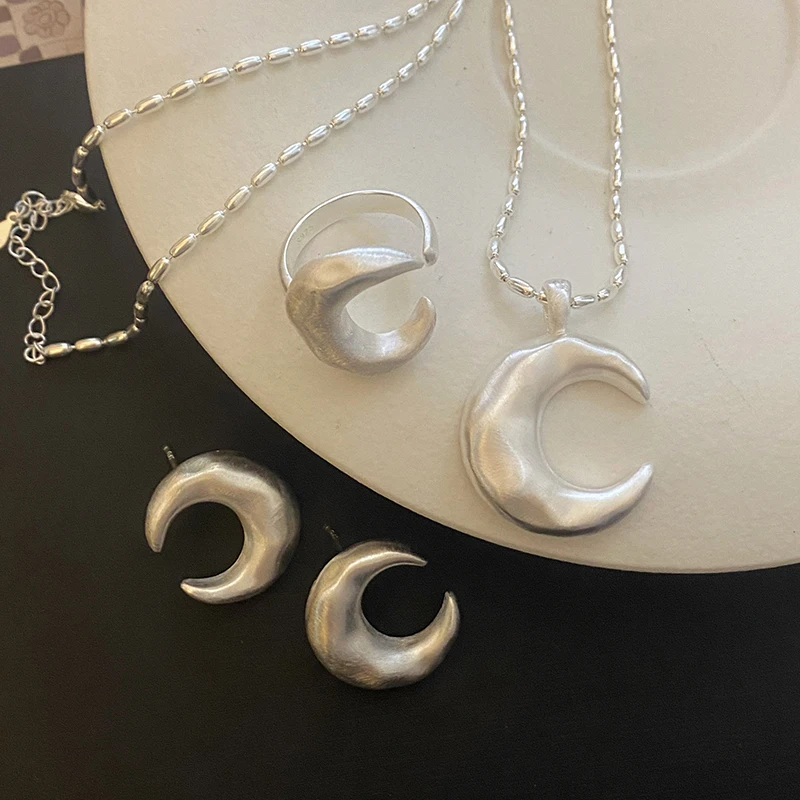 坠链均925银 【月亮系列合集】磨砂月亮耳环/吊坠/戒指质感小众