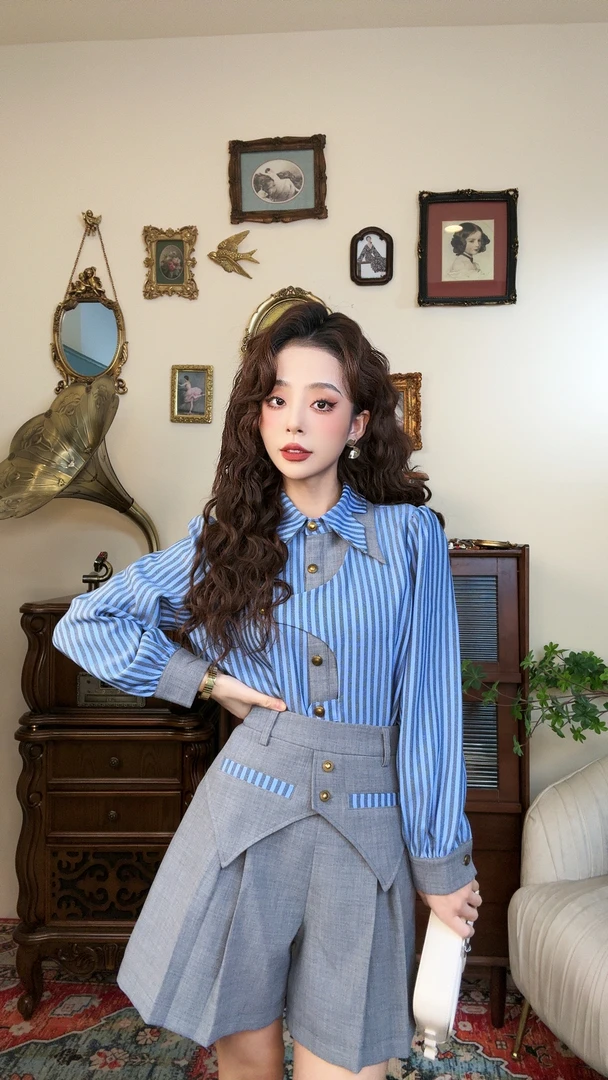 【十一港风】蝴蝶结撞色领设计感条纹衬衫Y2598