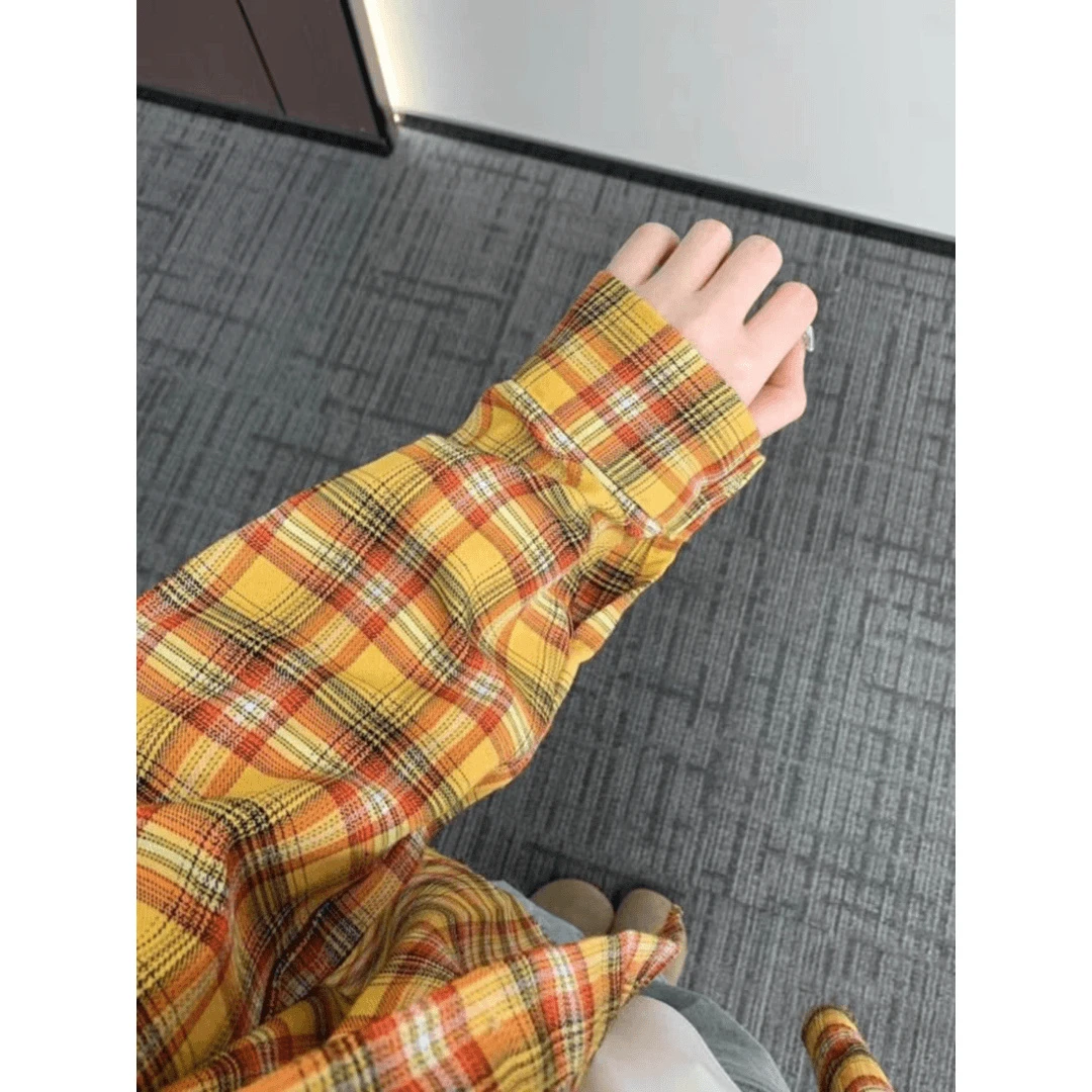 别致黄格美式衬衫宽松格纹衬衣春夏学生设计感男女通款长袖外套