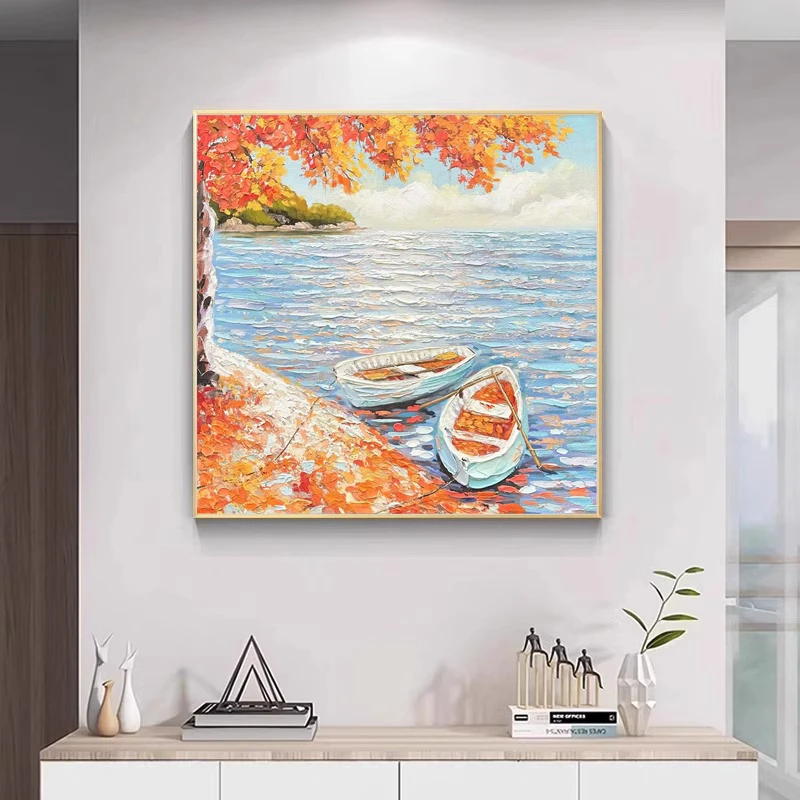 【秋意暖阳】枫叶奶油风手绘油画橙色餐厅装饰画肌理正方形客厅挂画
