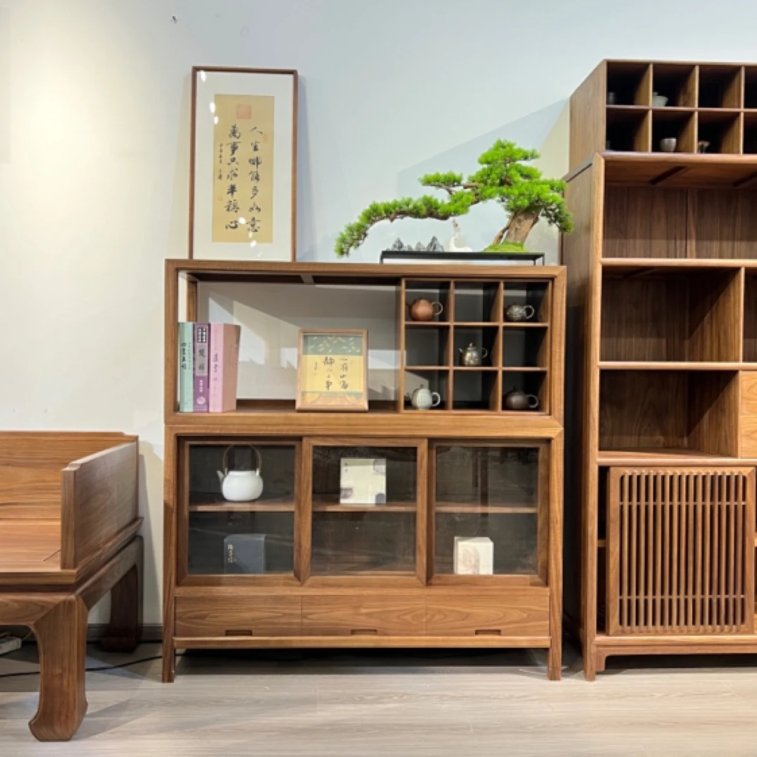 黑胡桃木新中式实木书架置物摆件架子原木博古架茶室茶叶架