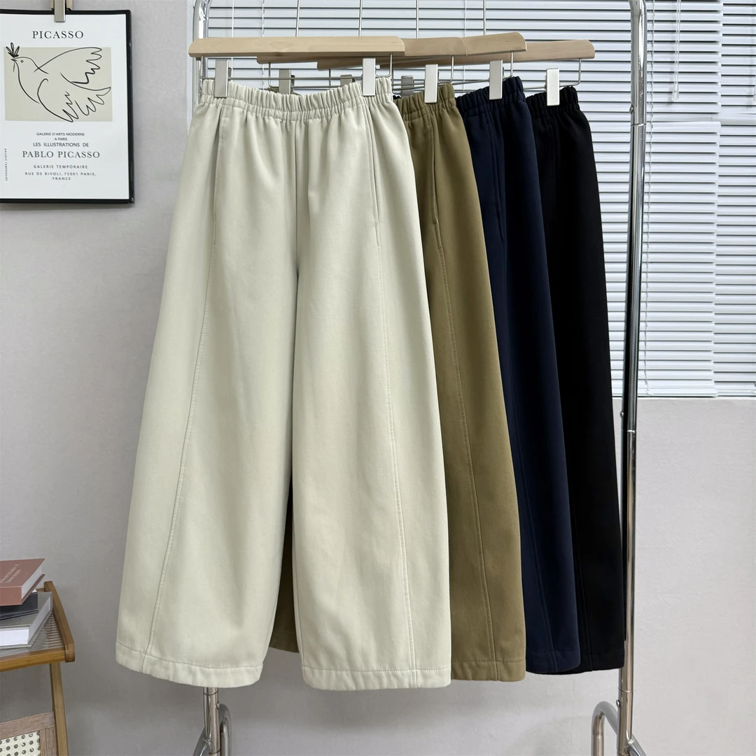 秋冬季新款抓绒加厚休闲长裤女宽松阔腿裤直筒显瘦遮肉松紧腰裤子