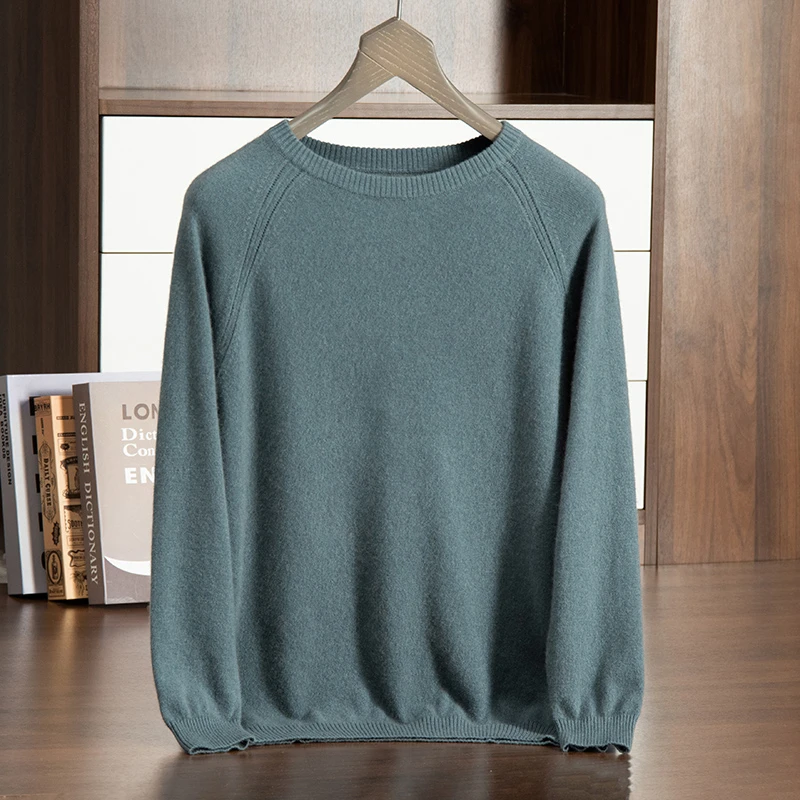 小媛铄秋冬新款男士100%山羊绒插肩圆领长袖套头百搭宽松打底衫