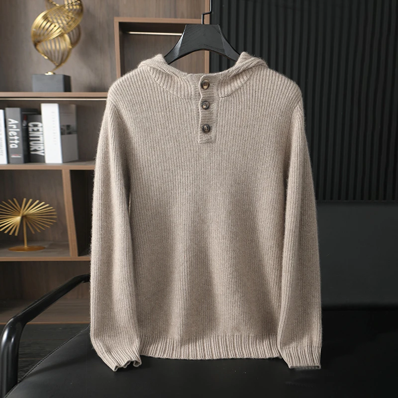 100%纯山羊绒男士连帽羊绒衫元宝针加厚休闲套头长袖针织时尚百搭