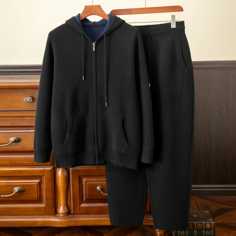 秋冬新款男士100%山羊绒空气层加厚连帽拉链休闲运动羊绒套装