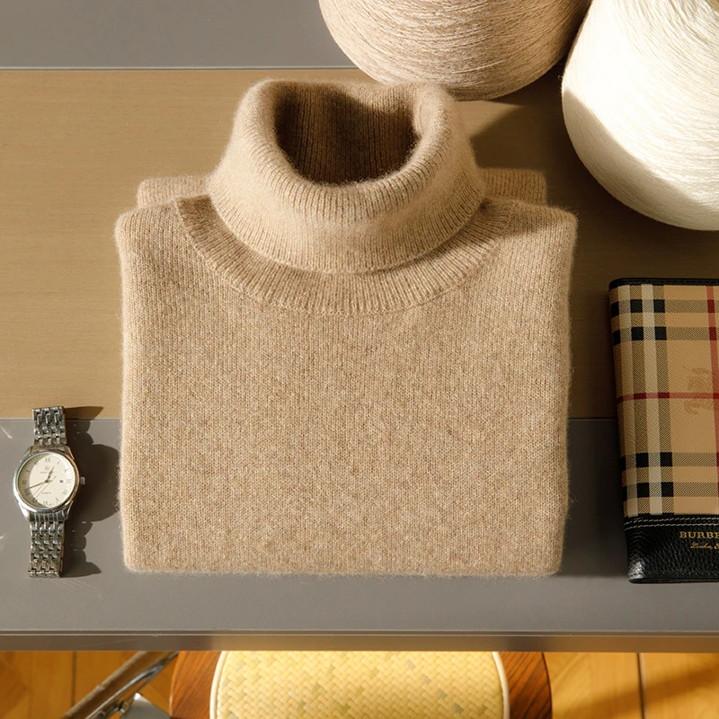 小媛铄秋冬新款100%男士七针双股加厚高翻领纯色针织打底衫2451