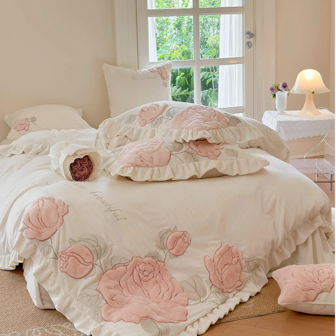 孔龙 玫瑰恋人 【过冬神器】法式公主风加厚蓄热保暖牛奶绒四件套