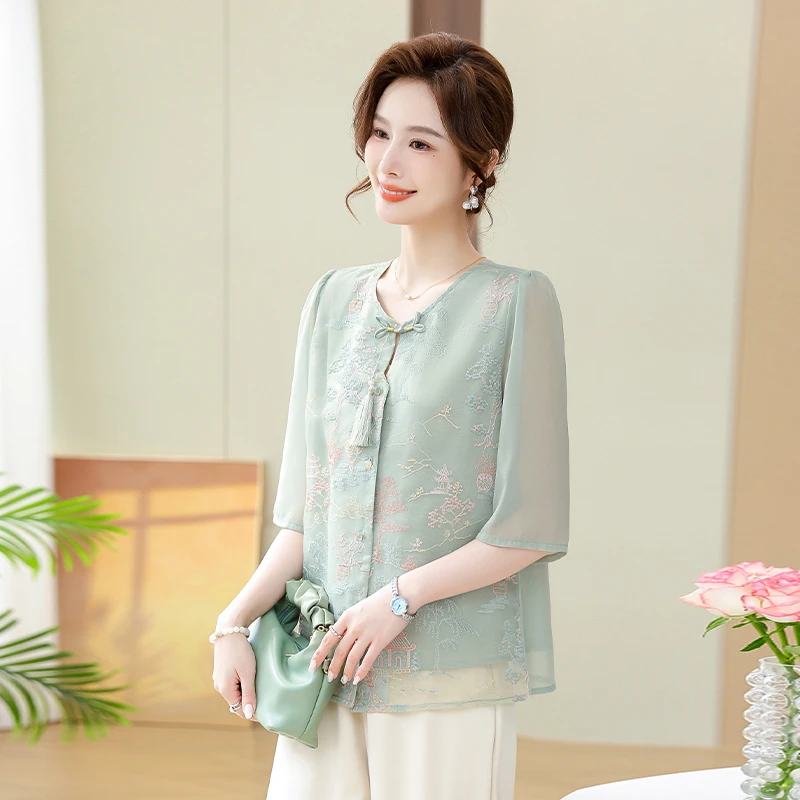 妈妈夏装雪纺短袖T恤洋气高贵小衫中老年女装新中式上衣2024新款
