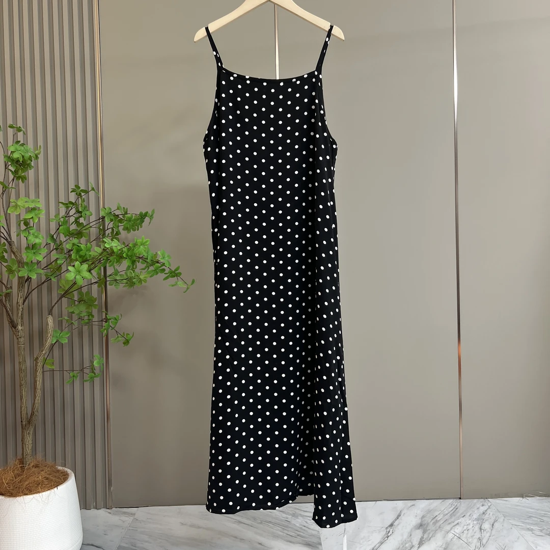 6007/黑波点系列时尚夏季复古长款吊带女装宽松女装气质连衣裙