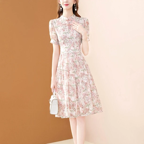 短袖雪纺碎花中国风改良旗袍中长款女装连衣裙夏新款收腰显瘦气质