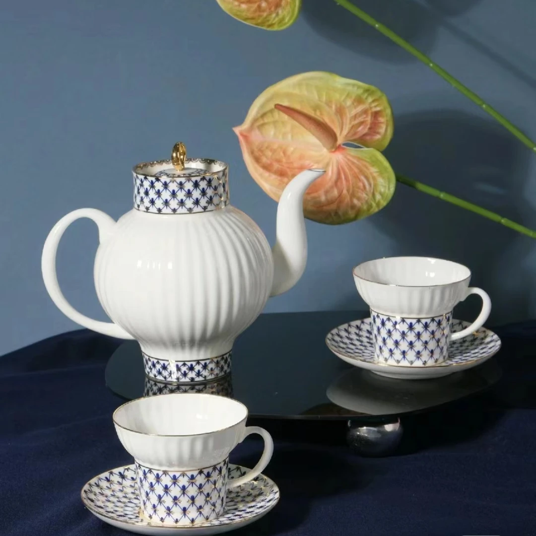 LOMONOSOV俄皇瓷白钴蓝咖啡杯英式下午茶手绘茶壶咖啡杯碟糖奶罐