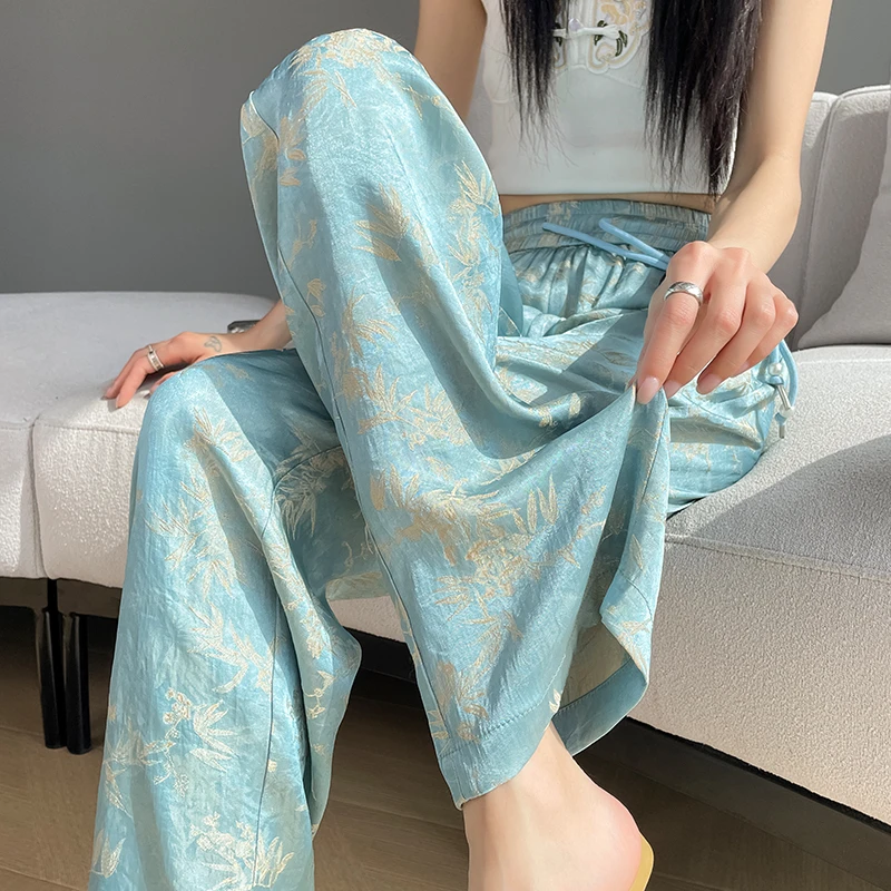 窄版印花冰丝阔腿裤女2025新款夏季薄款高腰显瘦垂感缎面直筒裤子