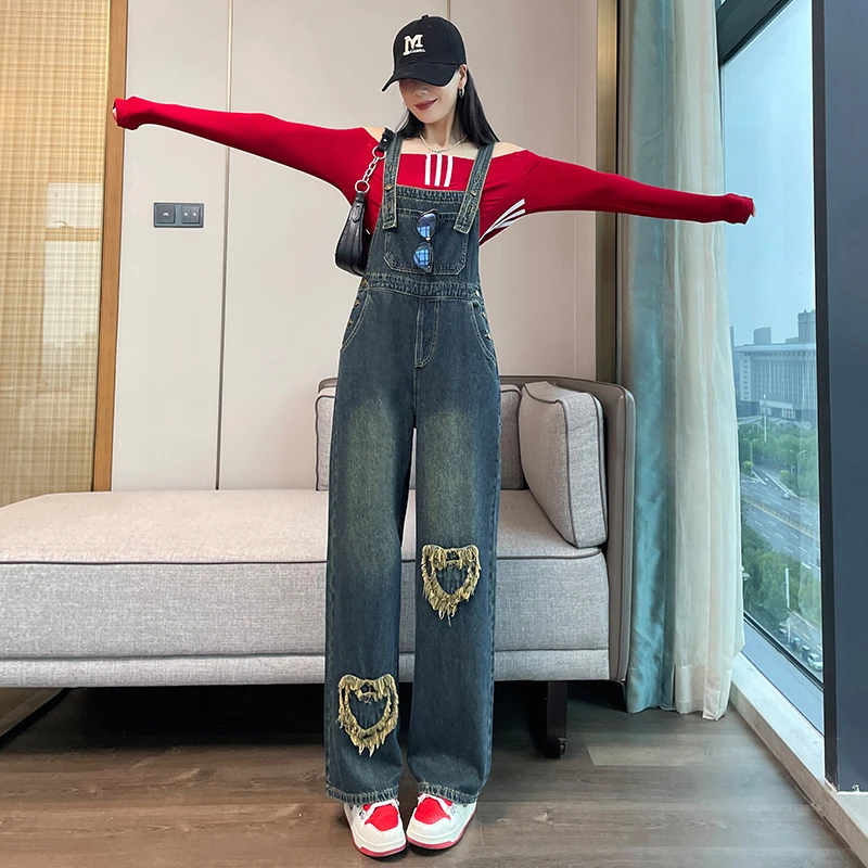 复古做旧牛仔背带裤女春秋季2025新款显瘦减龄吊带工装阔腿连体裤