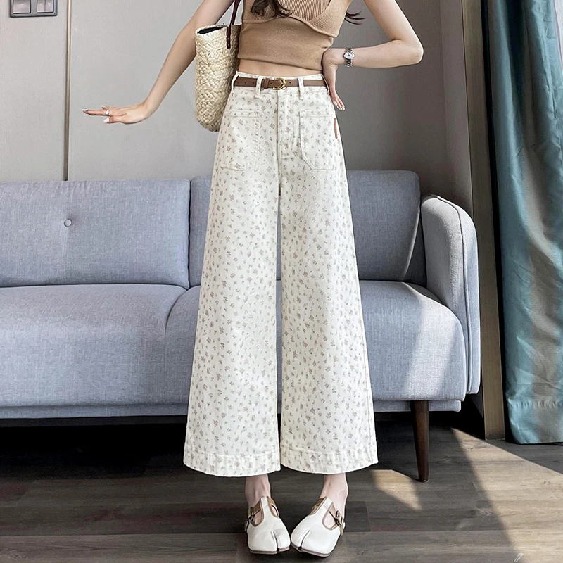 小碎花牛仔阔腿裤女夏季2025年新款小个子宽松显瘦高腰直筒九分裤
