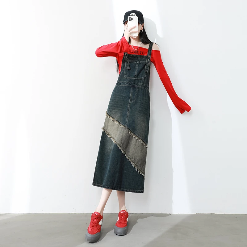 复古工装牛仔背带裙女春秋新款显瘦美式炸街拼接减龄开叉连衣长裙