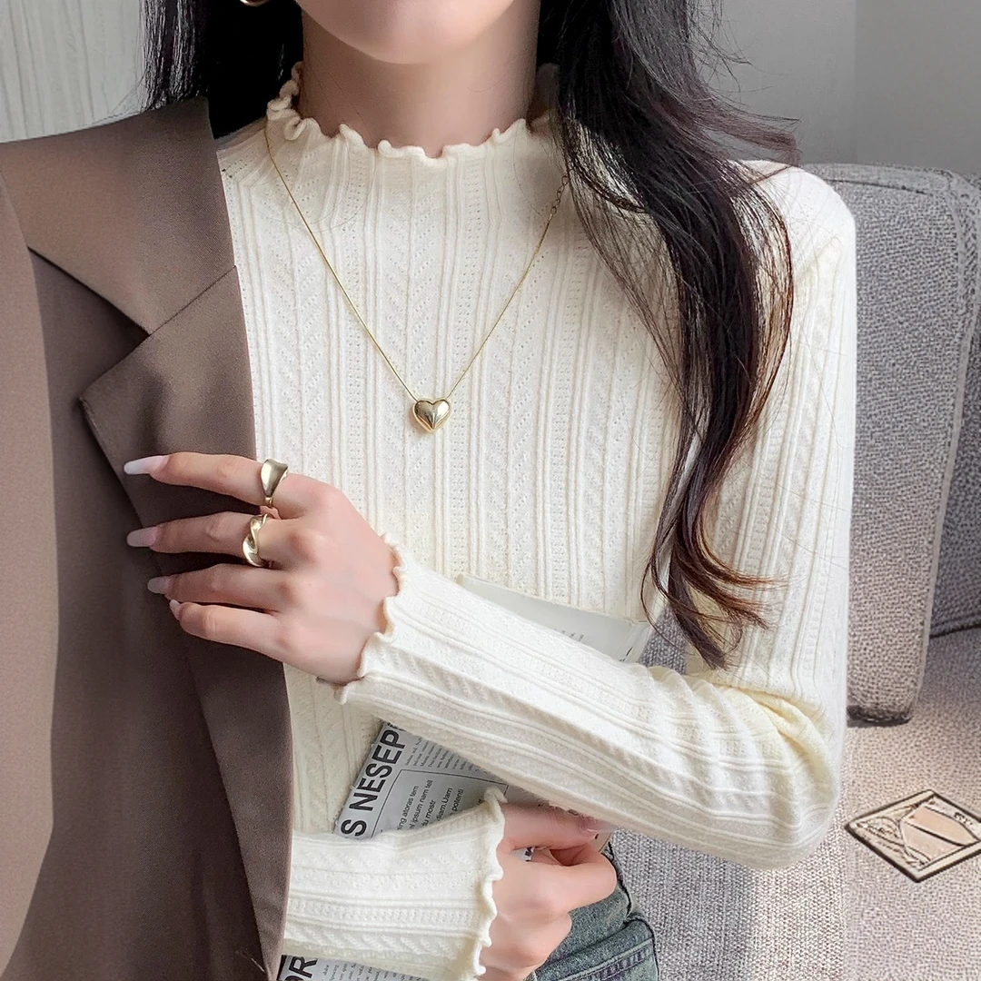 绝美杏色半高领木耳边长袖针织衫女秋装氛围感内搭毛衣冬季打底衫