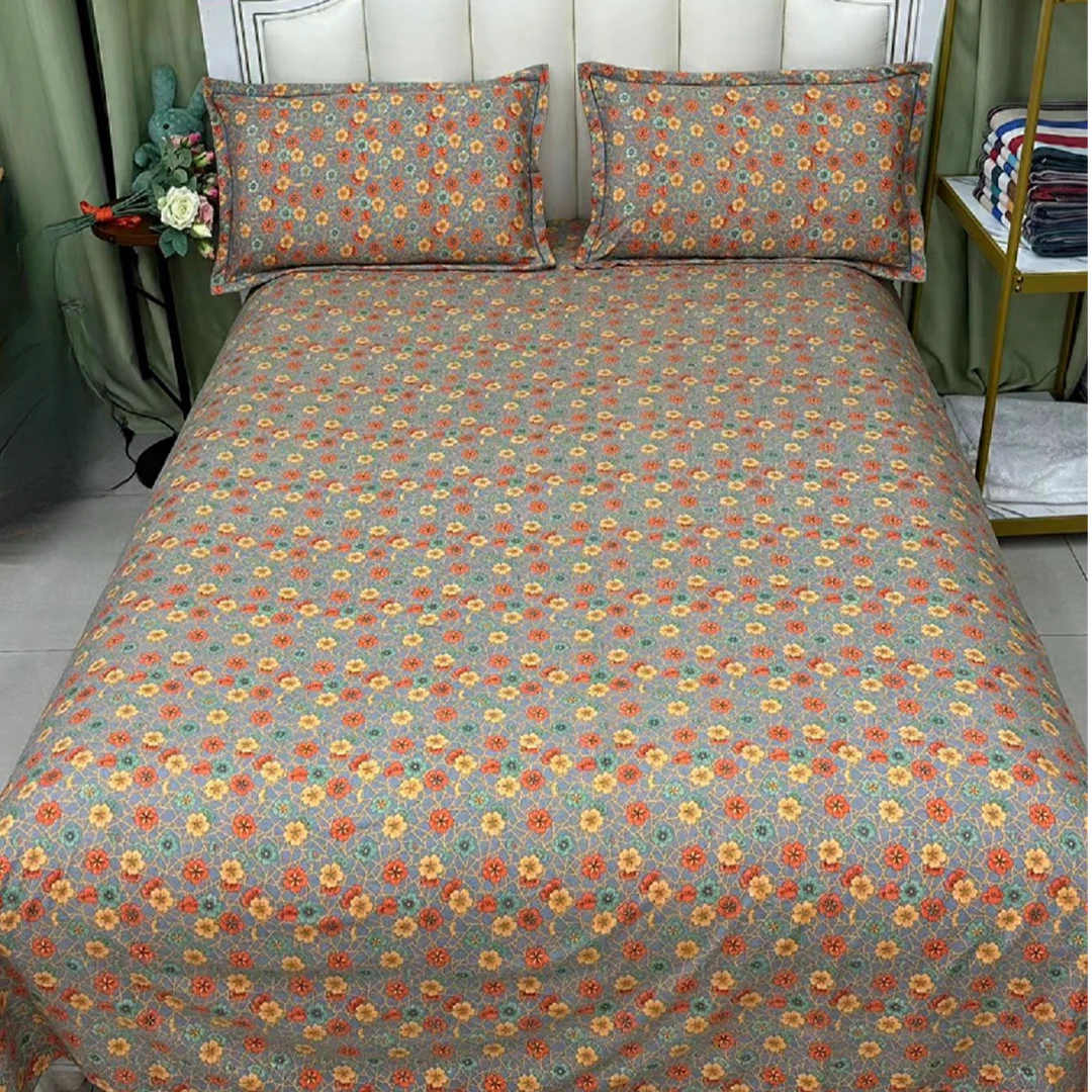 高端亲肤棉双层纱三件套 -- 一路生花 灰