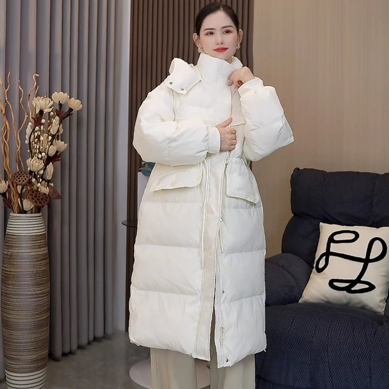 2024冬季新款中长款收腰羽绒服休闲时尚宽松加厚显瘦保暖过膝外套