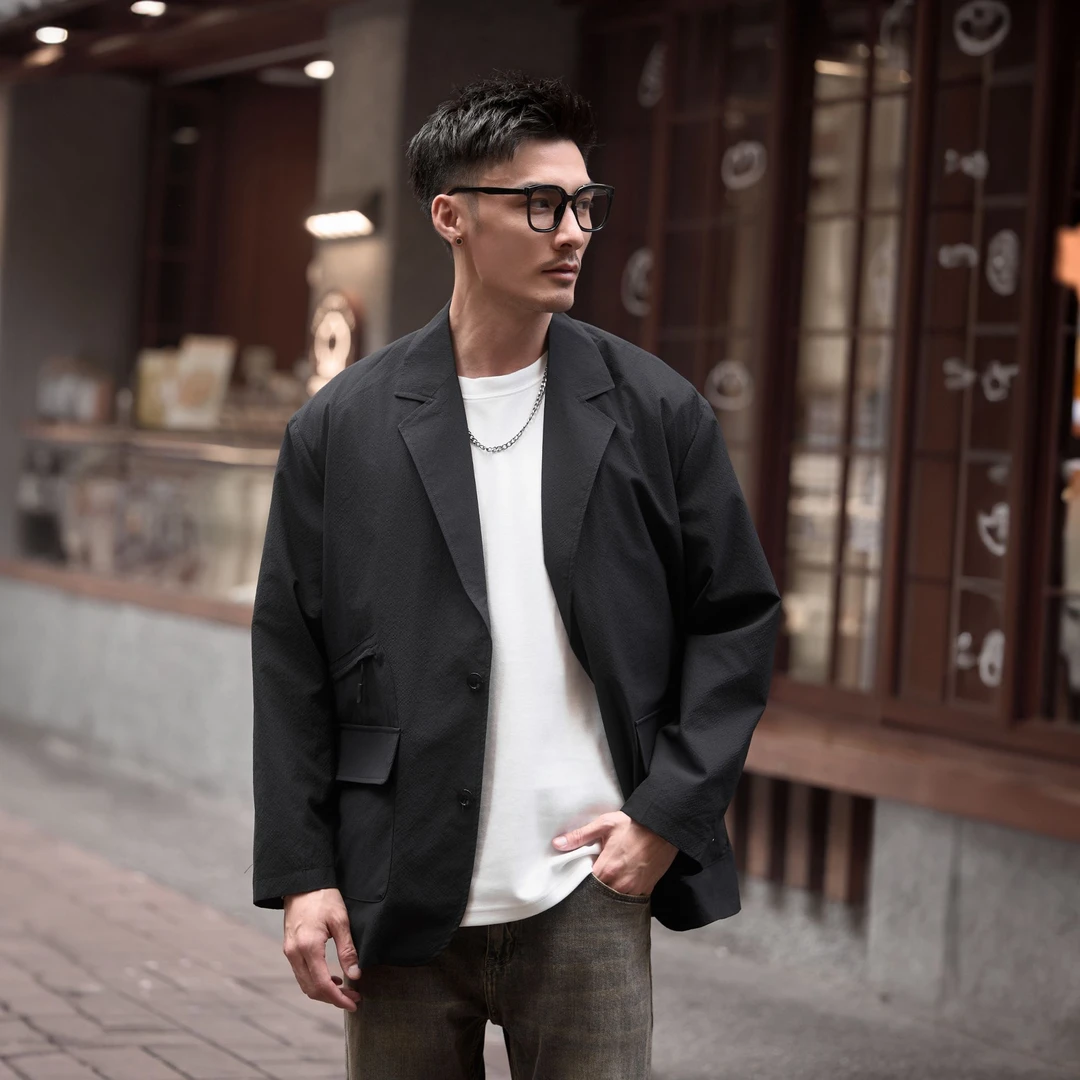 901重磅美式复古男秋冬印花百搭潮流水洗磨毛休闲西服外套男