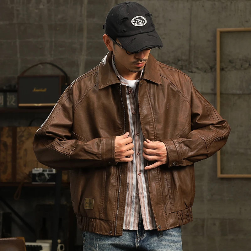 KDKJ032美式复古男士飞行皮衣夹克男高街宽松休闲翻领机车皮外套