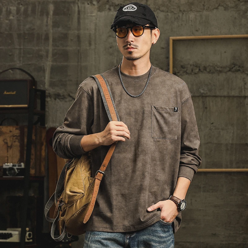 赤单BNC2017男士重磅复古长袖T恤圆领 工装纯色百搭打底外穿男