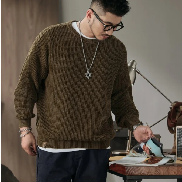 2308 秋冬季美式菠萝纹粗针毛衣重磅复古圆领套头百搭针织衫潮流